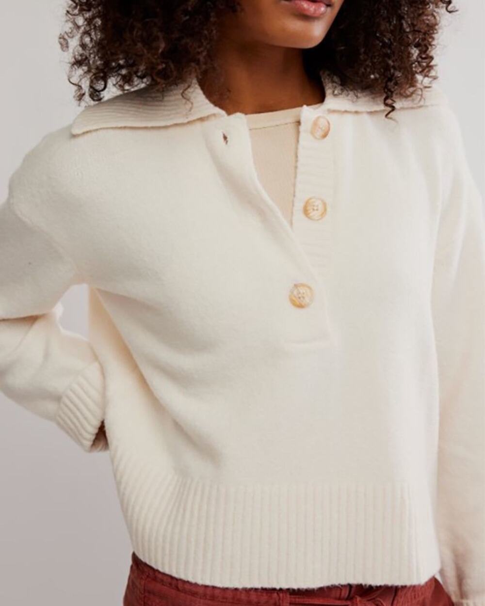 NWT Free People Trading Up Polo Sweater Ivory Knit Collared Pullover Size M